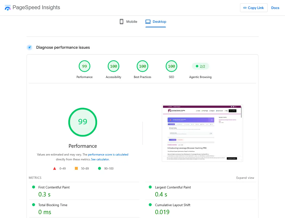 PageSpeed test results showing score improvement after using Leverage Browser Caching PRO